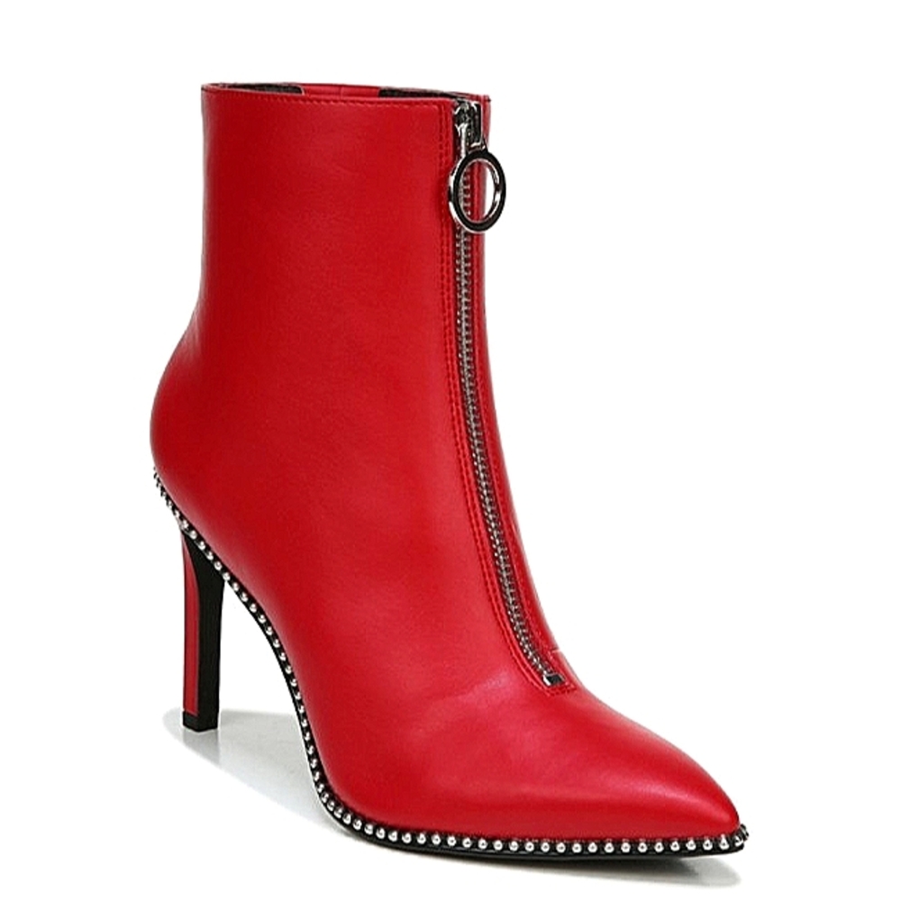 New w/Box Bar III Briget Red Faux Leather Front Zip Ball-Chain Dress Ankle Boots - Picture 2 of 6